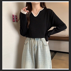 2025年秋季新款撞色领边针织上衣百搭时尚，女装针织衫/毛衣，佳弈羊绒