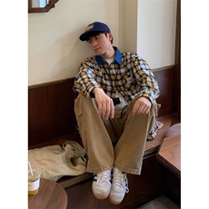 美式复古格纹宽松休闲长袖衬衫男女百搭撞色衬衣外套秋C177，男装衬衫，星座1116A（原606A-3）