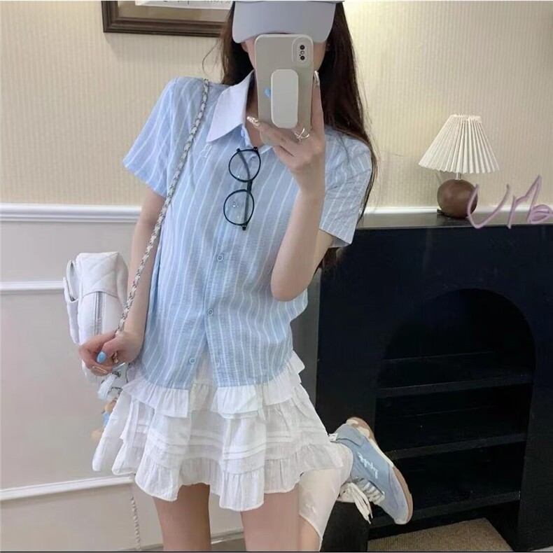 原创设计甜美少女感百搭条纹翻领收腰小飞袖短袖衬衫夏季衬衣上衣,男装T恤,星座506A