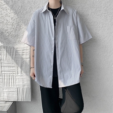 8XL-M条纹短袖衬衫男夏季宽松慵懒风痞帅大码衬衣外套DC28001P40，男装衬衫，电商B312