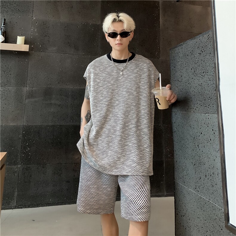 休闲条纹运动套装男夏季大码无袖T恤青少年篮球服两件套特P55图片