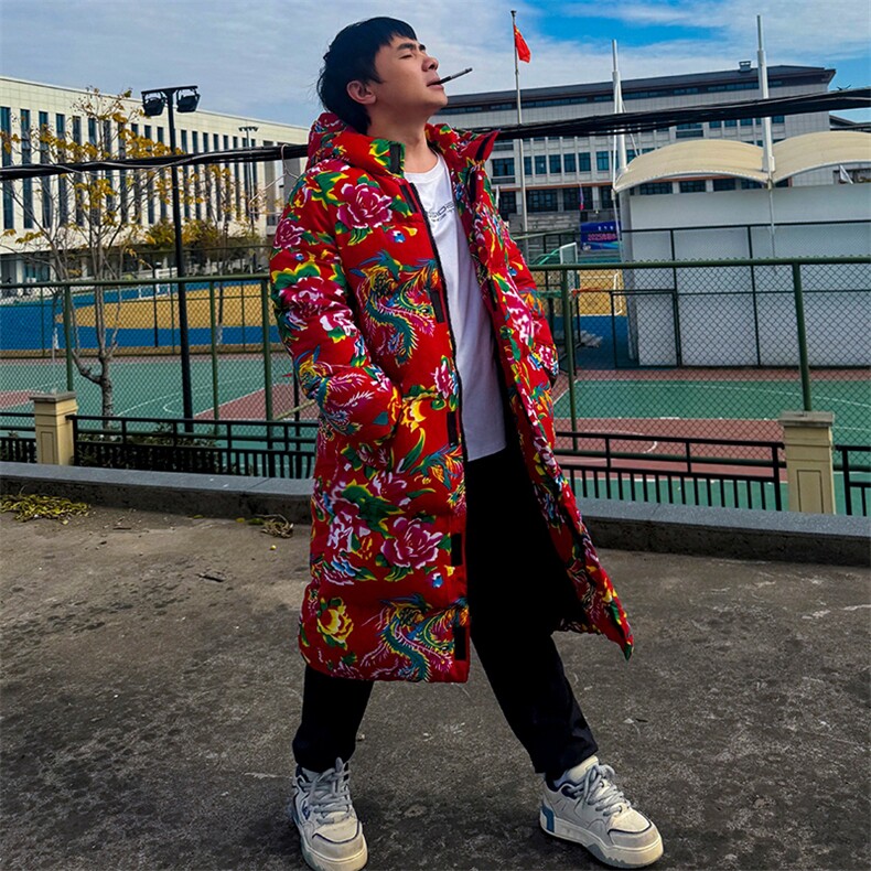 A5中长款男女连帽加厚保暖防寒棉衣外套棉袄大衣团队表演东北大花，男装棉衣，星座115A(原星座507）