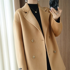 秋冬季羊毛时尚休闲两排两扣经典V领中款大衣，女装双面呢大衣，泰公羊绒