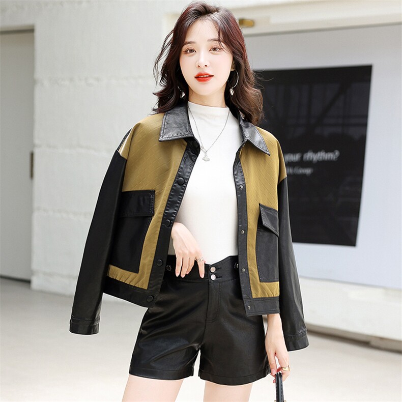 主推现货休闲短款外套女宽松小个子2022年新款时尚女士拼接皮衣,女装皮衣,江南女神