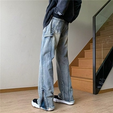 美式男女欧美高街宽松直筒拉链开叉毛边微喇裤ST8821P45，男装休闲裤，星座1112-1