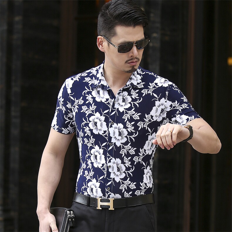 夏季新款男士花色衬衫加肥加大个性印花时尚休闲短袖衬衫662p50,男装衬衫,星座1507