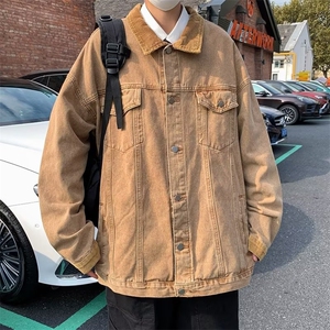 得物品质秋款男牛仔夹克衫灯芯绒领拼色宽松休闲外套JK0350 P63图片