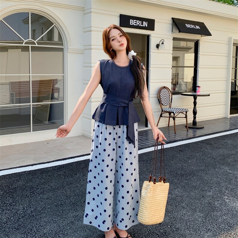 法式松弛感系带背心波点阔腿裤两件套女套装223-1360P140K198，女装套装/套裙，莘蕾