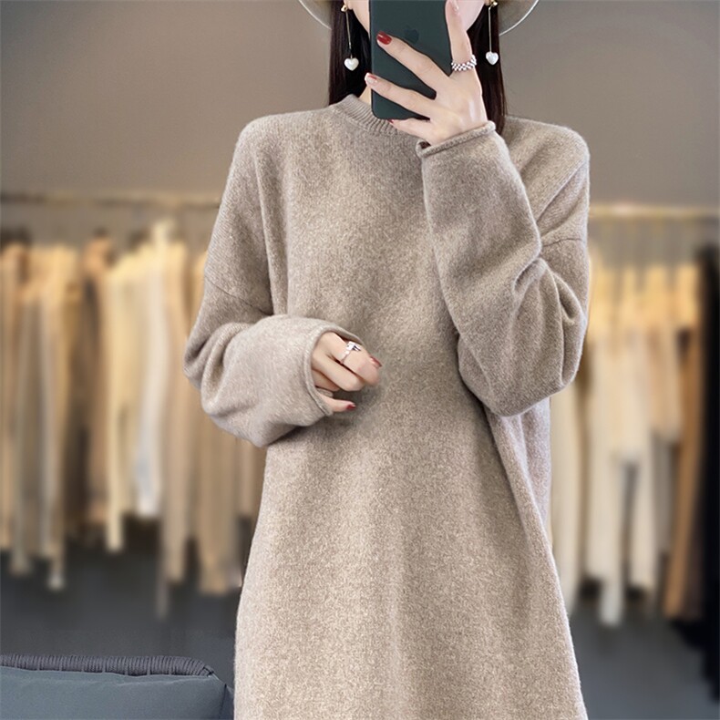 羊毛衫秋冬新款针织连衣裙女圆领中长款宽松打底毛衣裙,女装羊毛衫,宋氏羊绒
