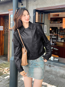 美拉德酷飒拽姐PU皮机车夹克女2025春新款港风复古小个子翻领外套图片