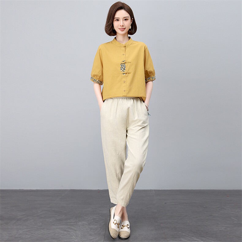 新中式国风刺绣棉麻套装女2025年夏季新款妈妈洋气减龄亚麻两件套,女装套装/套裙,依恋蒂丝