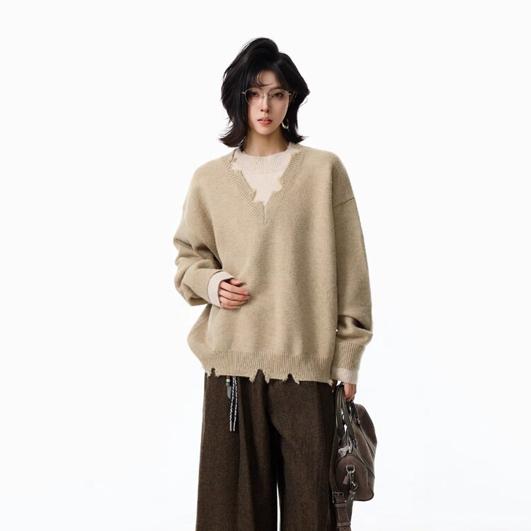 深灰慵懒破裁毛衣女装2025百搭宽松简约V领毛衫尤缇时尚秋季新款,男装针织衫/毛衣,星座218-8