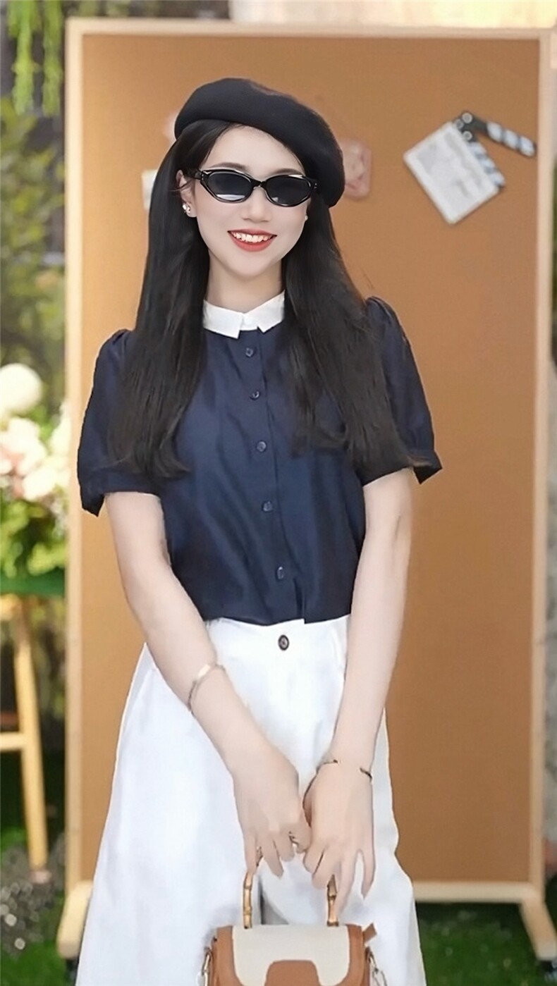 夏季都市摩登设计感拼色翻领短袖时尚百搭,女装T恤,湘姗