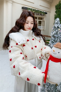 羊羔毛拼接白色连帽短款羽绒服女冬超火好看高级小众加厚保暖外套图片