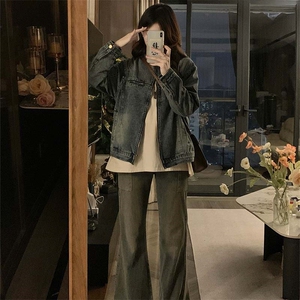 美式复古做旧水洗牛仔外套女2025春秋拉链宽松工装夹克潮C747-88