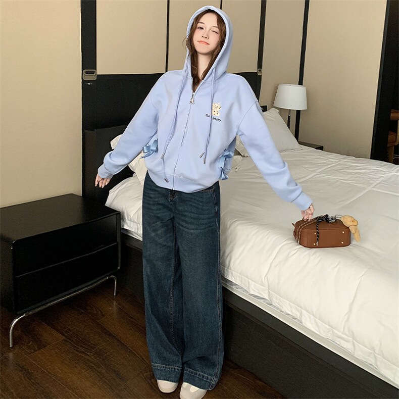 女连帽拉链卫衣阔腿牛仔裤设计感两件套,女装套装/套裙,江南