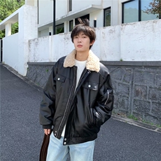 翻领pu皮棉服男冬季加厚美式拼接摇粒绒工装棉衣外套，男装皮衣，四季星座505