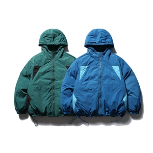 南夏乔装2025冬款拼色三角形连帽棉衣日系复古要不抽绳保暖棉服男图片