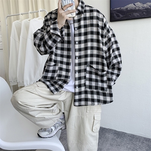 秋装 格子衬衫男女港风潮流复古休闲学生工装衬中性风 H211/P45图片