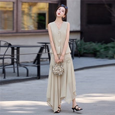 老钱风V领马甲+蕾丝拼接半身裙两件套，女装套装/套裙，采品优优