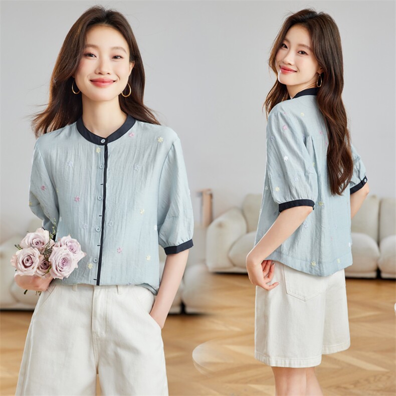 现货2025年春季新款简约百搭时尚透气尚经典刺绣透气短袖女士衬衣，女装衬衫，木子恋