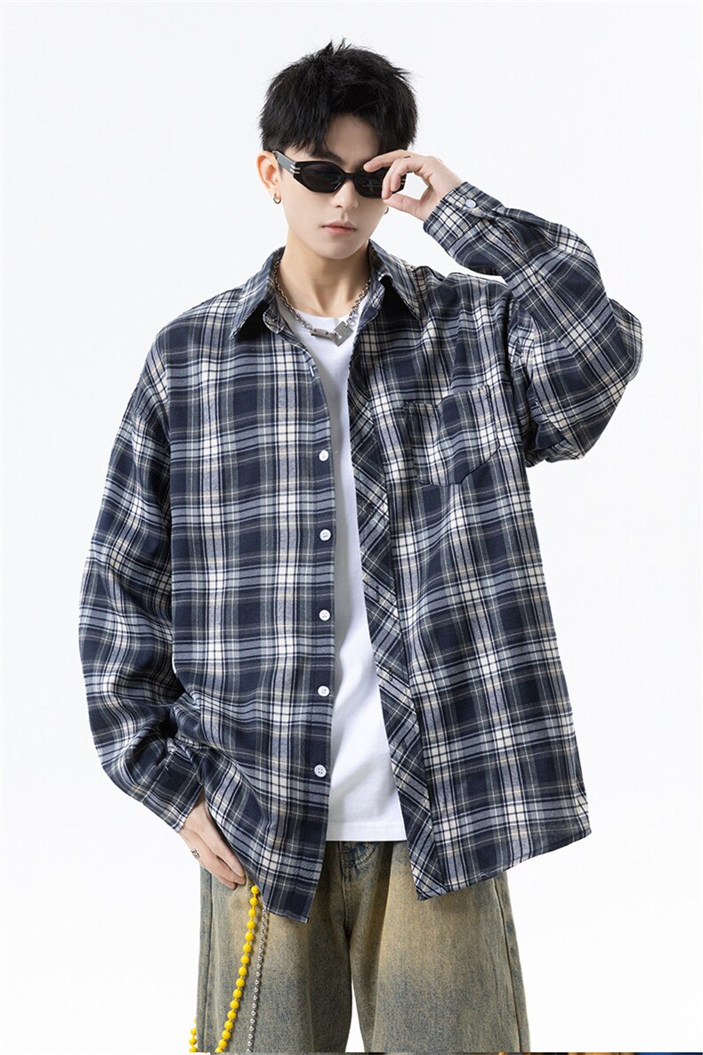 胖胖哥格子衬衫男秋季廓形大码宽松衬衣男生日系少年感休闲外套潮,男装防晒衣,电商B367