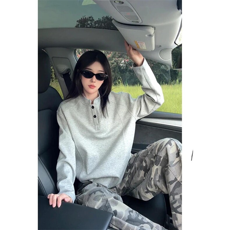 抖音得物品质美式高街重磅曼巴棉拼接cleanfit亨利领卫衣长袖T恤,男装T恤,电商A486