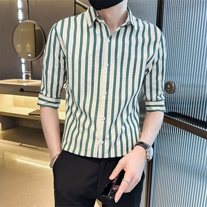 夏季男士七分袖印花衬衫男休闲修身条纹衬衣A236-A41-P55图片