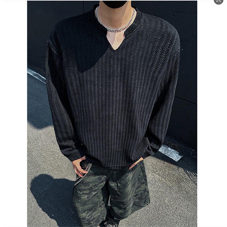 美式高街千鸟格子长袖T恤男女亨利V领英伦雅痞休闲宽松长袖打底衫，男装T恤，电商A443