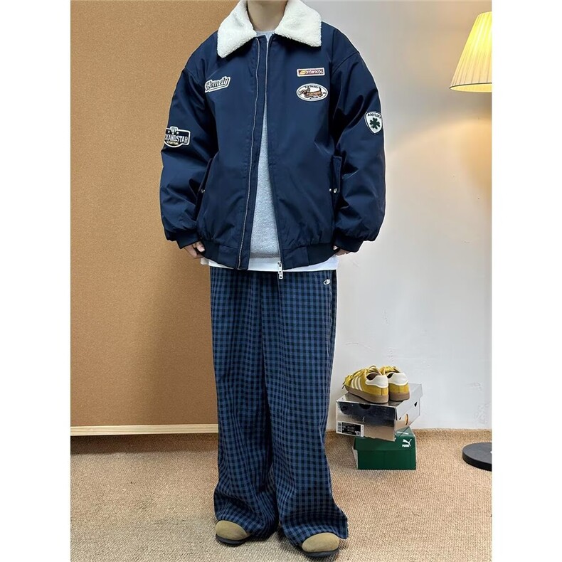冬季学院风刺绣羊羔绒翻领棉衣男冬季宽松情侣保暖棉服NMY09,男装棉衣,星座208-5