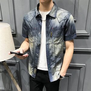19春夏季欧美潮流复古式翻领牛仔衬衣品质短袖衬衫DX0127P85,夏季牛仔衬衫短袖搭配图片