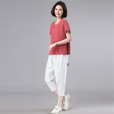 时尚套装2023夏季新款复古t恤上衣棉麻休闲裤亚麻中年妈妈两件套，女装套装/套裙，奕阳依阁