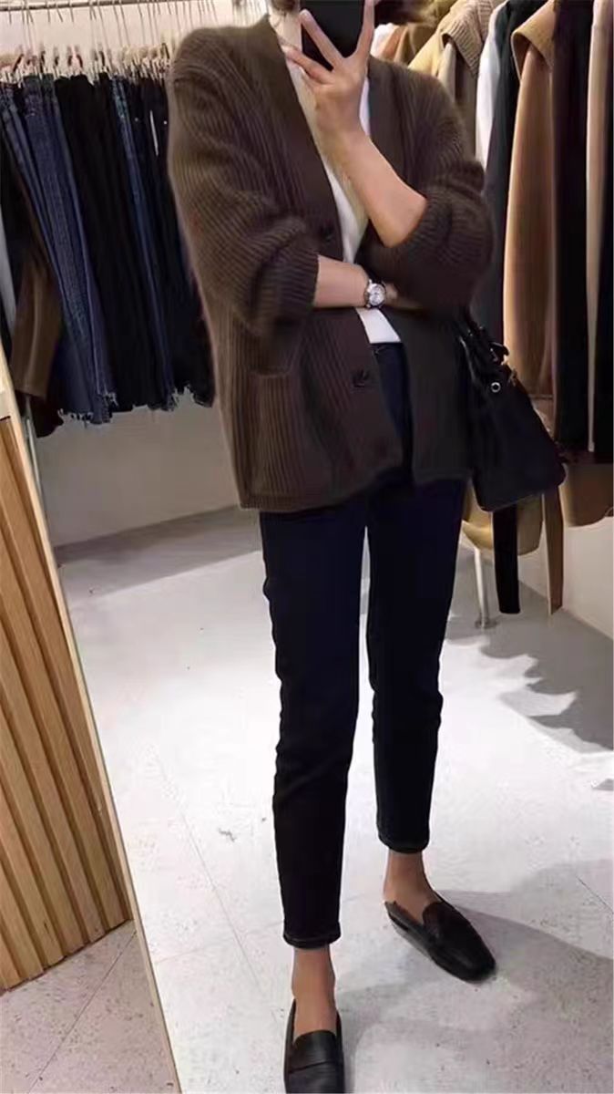 秋季新款舒适显瘦时尚百搭元宝针大口袋针织开衫女,女装羊毛衫,恒恩羊绒