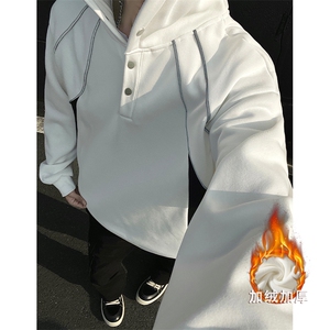得物品质新款原创设计反光条纽扣连帽款男士卫衣休闲p70加绒p80图片