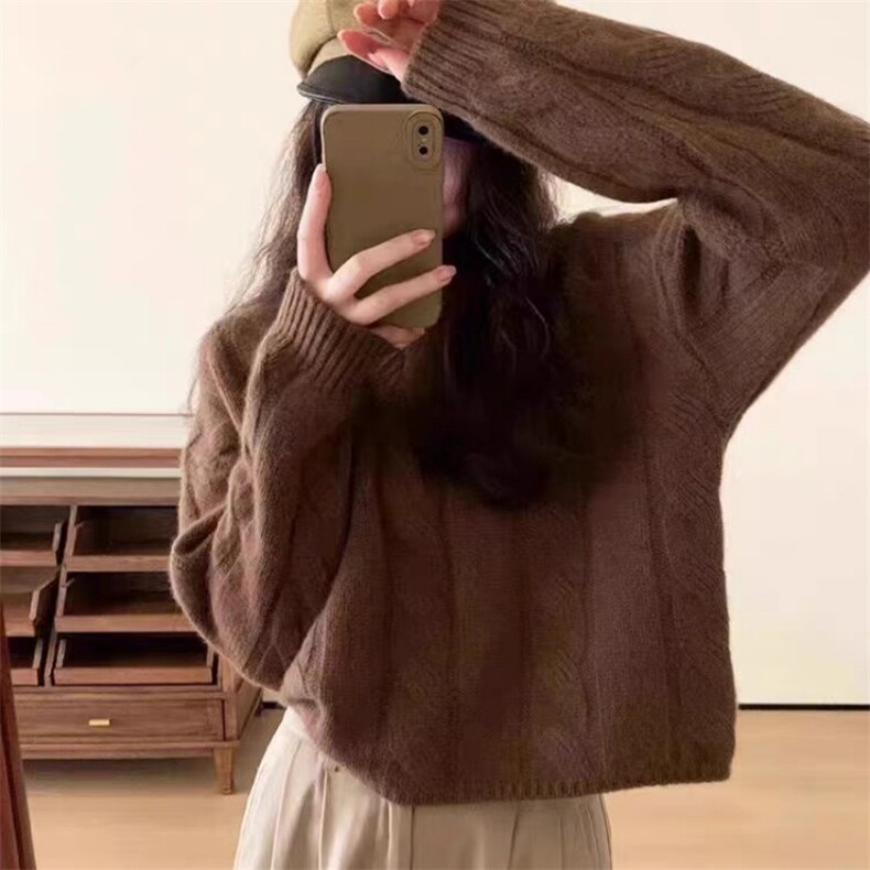 秋冬季羊毛休闲百搭时尚复古大麻花圆领羊毛衫,女装羊毛衫,锦瑟羊绒