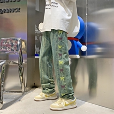 ins韩版复古蝴蝶刺绣百搭bf宽松水洗直筒阔腿裤牛仔裤男N057-P48，男装牛仔裤，星座1008