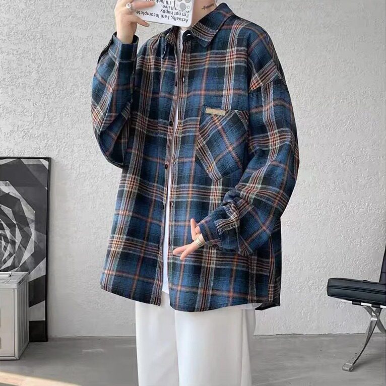 蓝色格子衬衫男女高级感痞帅春秋外套小众情侣长袖衬衣LL333P38,男装衬衫,星座1013-5