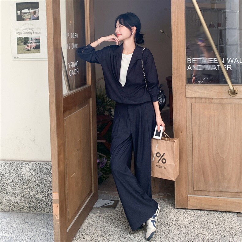 甜酷风牛仔衬衫阔腿裤套装女2025秋季新款休闲宽松显瘦减龄两件套,女装套装/套裙,浙宝217