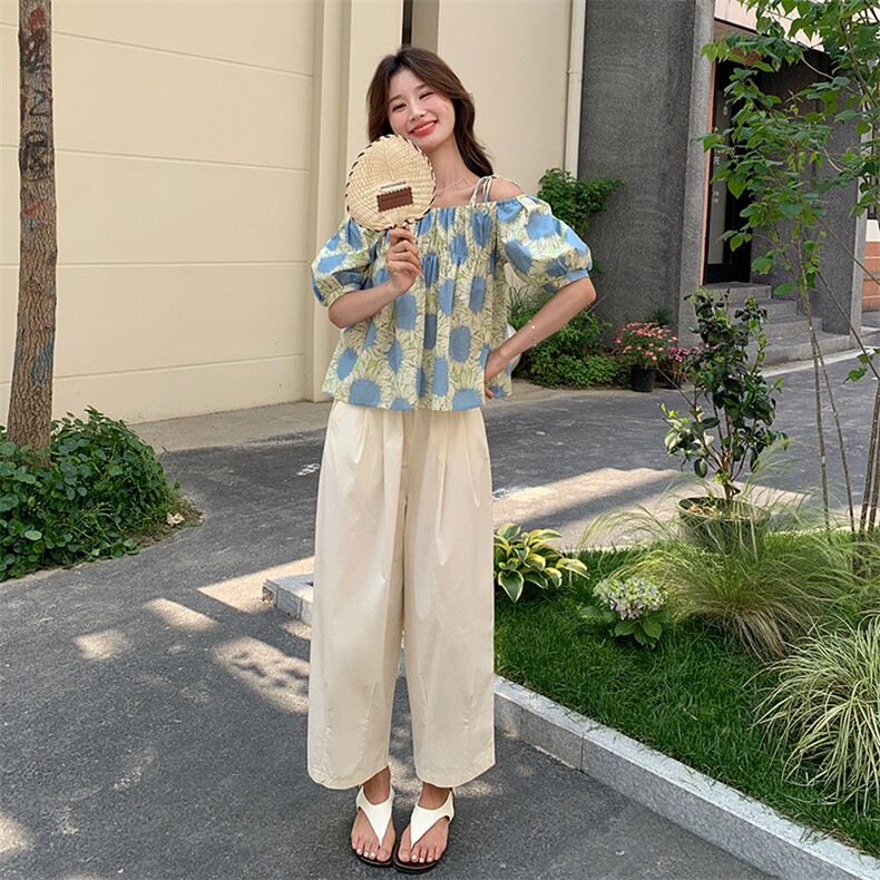 小个子法式茶歇印花一字肩上衣套装女夏新款休闲舒适阔腿裤两件套,女装套装/套裙,维壹