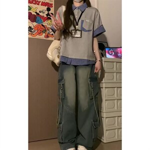 H1059-p35 POLO领 情侣体恤 假两件格子衬衫短袖图片