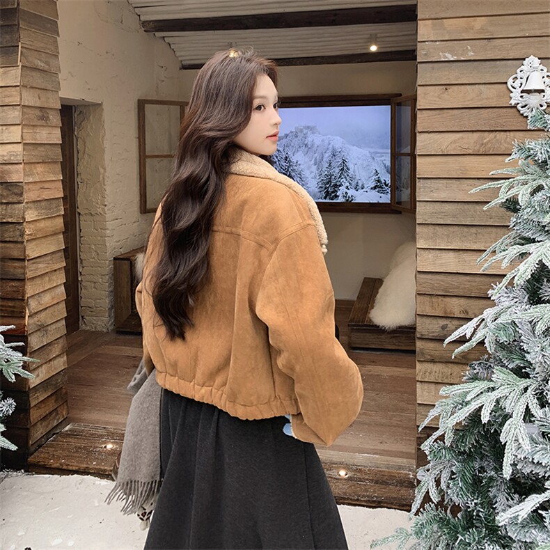 麂皮绒皮毛一体外套女2025冬季新款复古时髦小个子加厚羊羔毛上衣,女装皮草,鑫慧