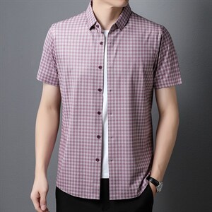 夏季新款格子衬衫男冰丝短袖商务休闲寸衫中年男士爸爸衬衣,男装衬衫,电商B212（原钱塘6029）
