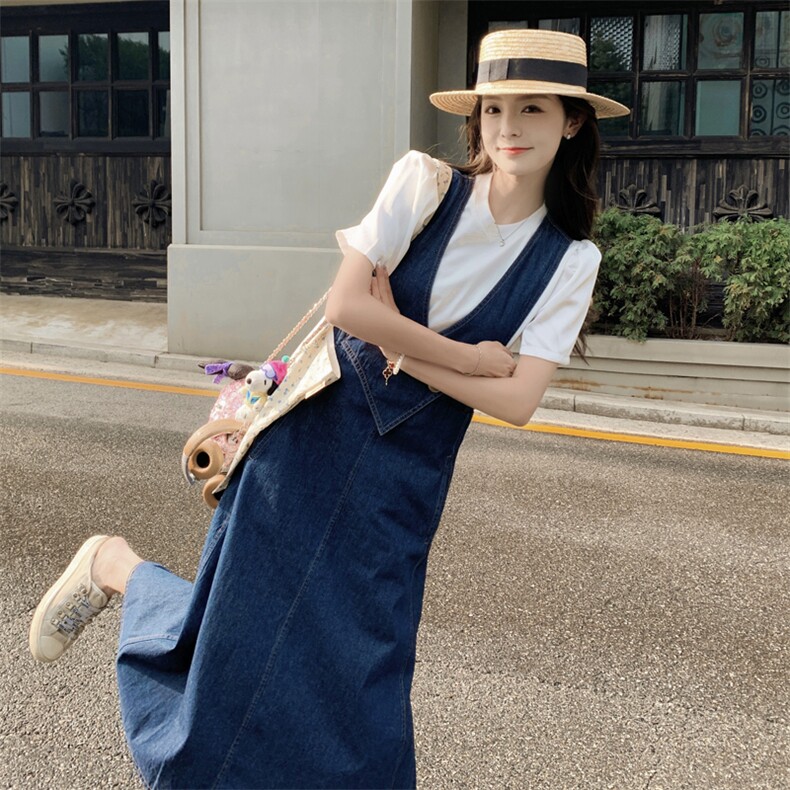 白色t恤薄款牛仔背带连衣裙女夏季新款显瘦气质温柔风长裙,女装连衣裙,帛香坊