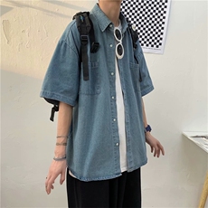 夏季潮牌五分短袖牛仔衬衫男韩版情侣宽松百搭半袖衬衣CS505-P40，男装T恤，星座1008-2