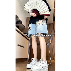 夏季无影墙男士宽松直通毛边破洞乞丐泼漆五分短裤男大码高街小众图片