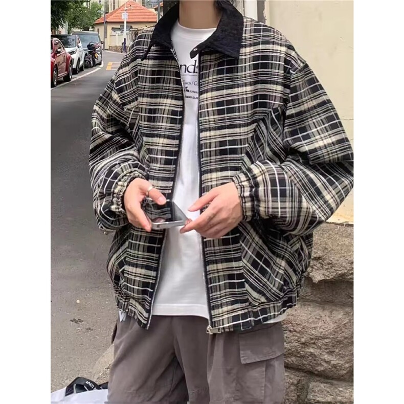 春秋美式短款格子纹夹克男百搭宽松休闲翻领外套潮上衣HH912P88,男装夹克,星座1013-5