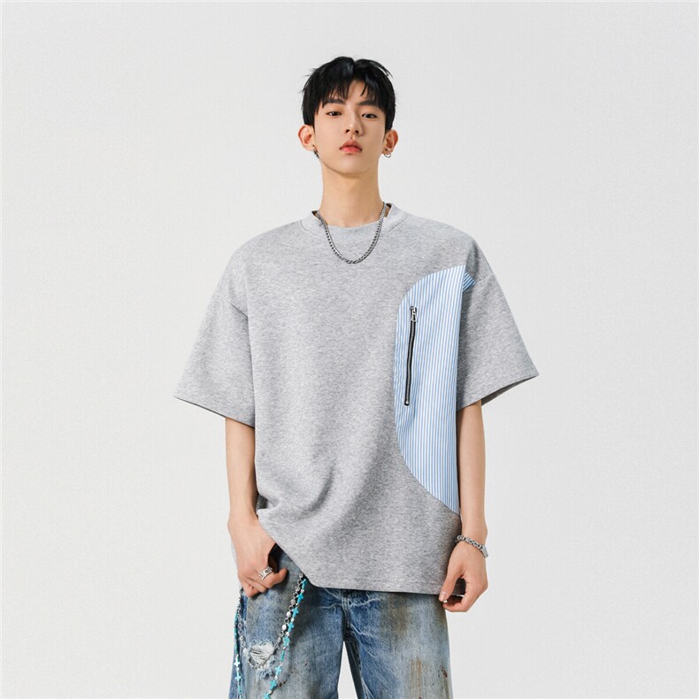 抖音夏季新款2025拼接短袖潮牌宽松百搭休闲T恤XZ517A-BK8001-P48，男装T恤，星座517A