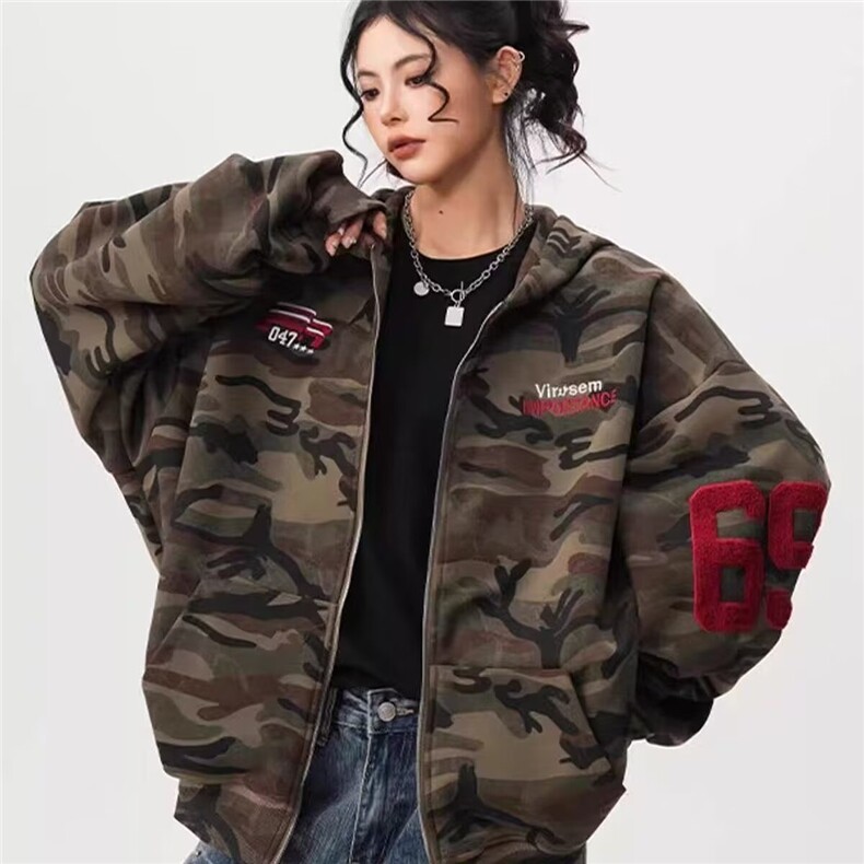美式刺绣迷彩开衫连帽卫衣男女春季潮牌情侣拉链外套宽松百搭上衣,女装短外套,星座813-2