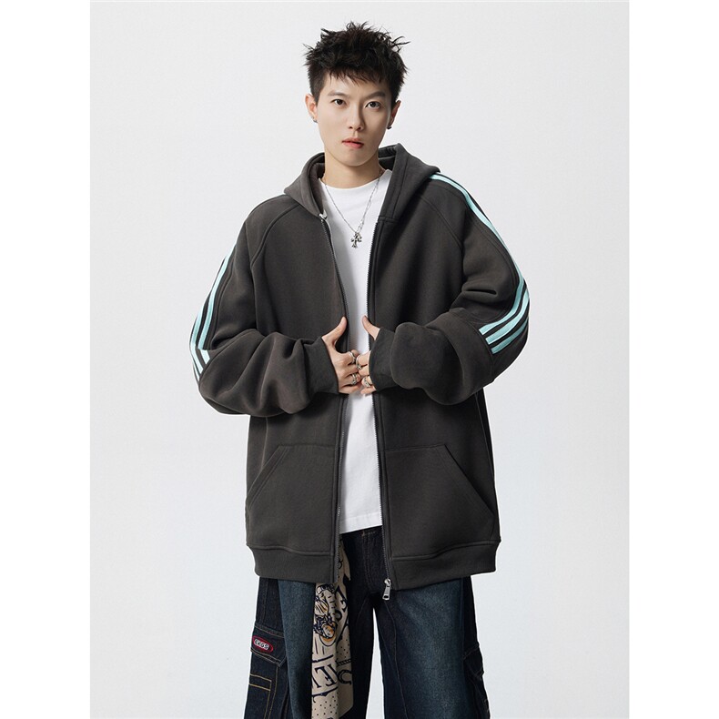 8XL-M秋冬美式运动三条杠条纹开衫卫衣连帽特大码宽松JK5206/P65,男装卫衣,电商B238