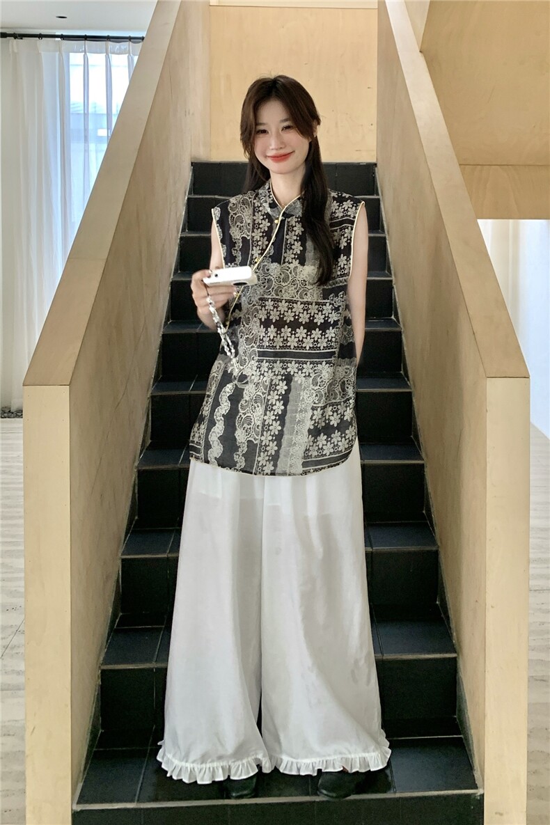 新中式国风女2025夏季新款独特漂亮印花改良旗袍阔腿裤,女装蕾丝衫/雪纺衫,浙宝069